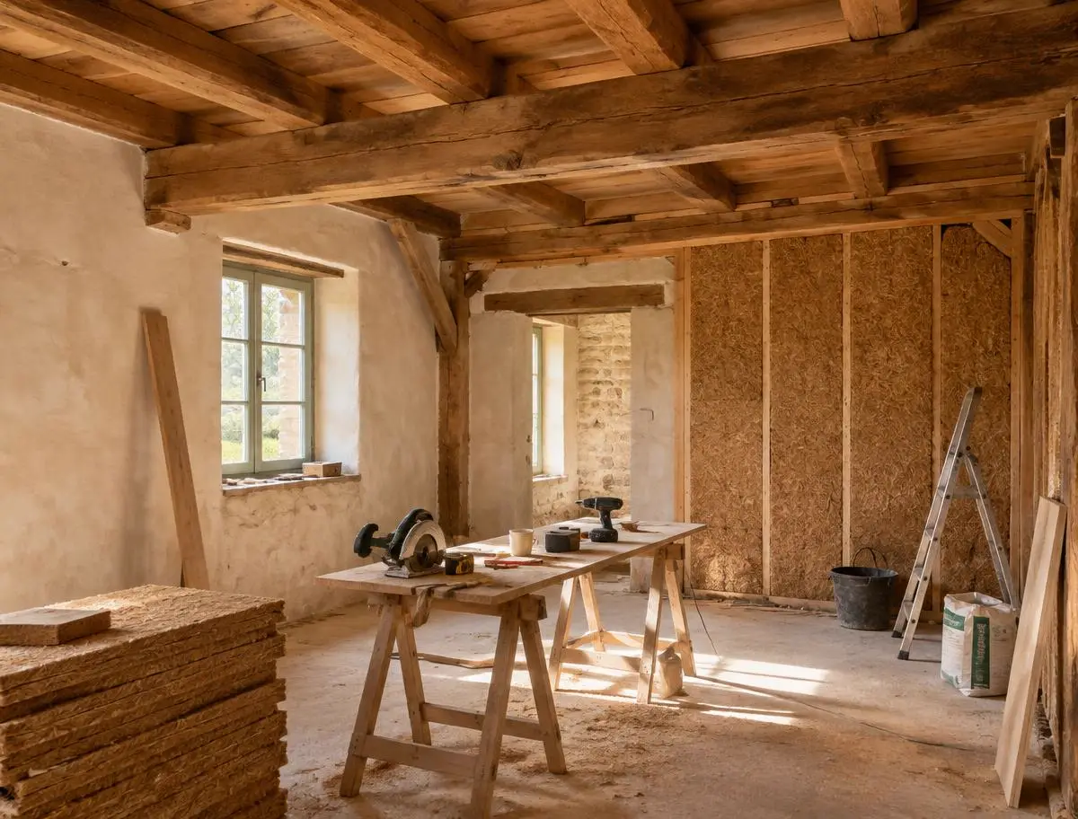 Chantier de rénovation d'une maison ancienne : poutres en chêne et isolant en fibre de bois