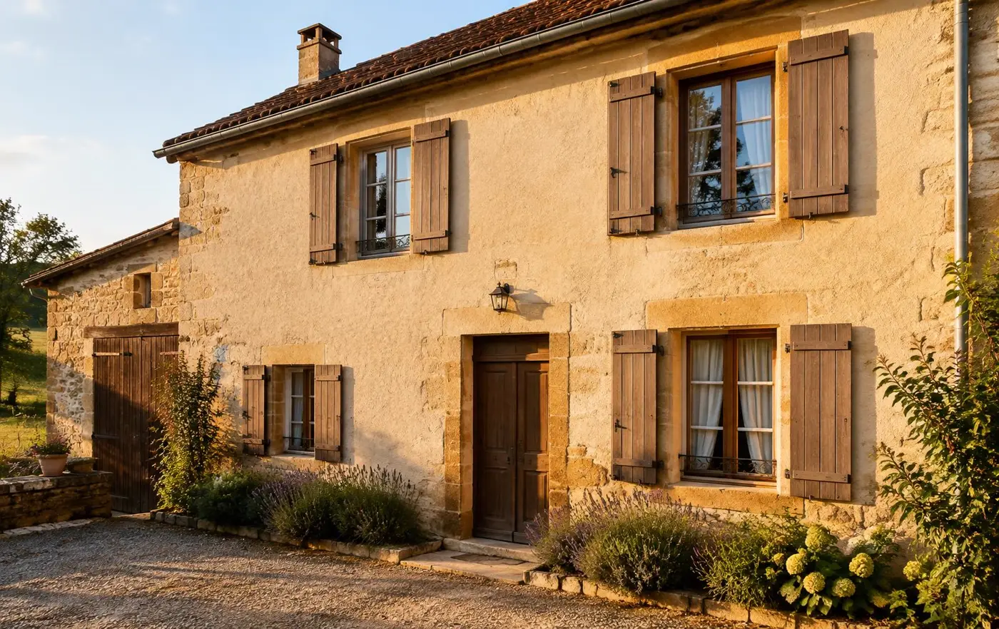 Façade d'une maison lorraine ancienne en pierre avec volets en bois